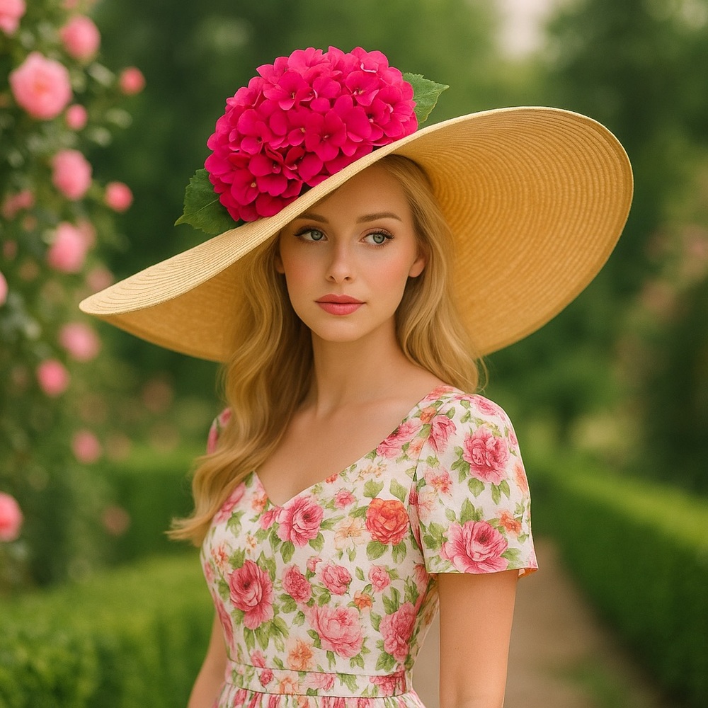 Kentucky Derby Hat Oversized Tan Wide-Brim with Bold Hydrangea Floral Accent
